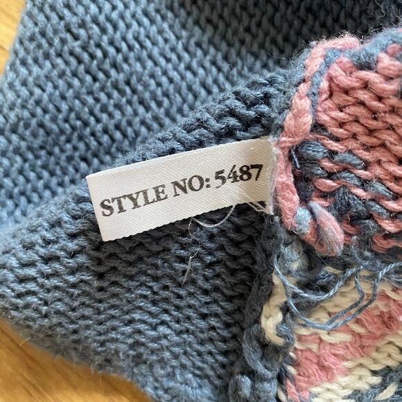 VINTAGE 90s Women M Blue Granny Core Heart Patchwork Heavy Knit Sweater Cottage - Picture 14 of 16